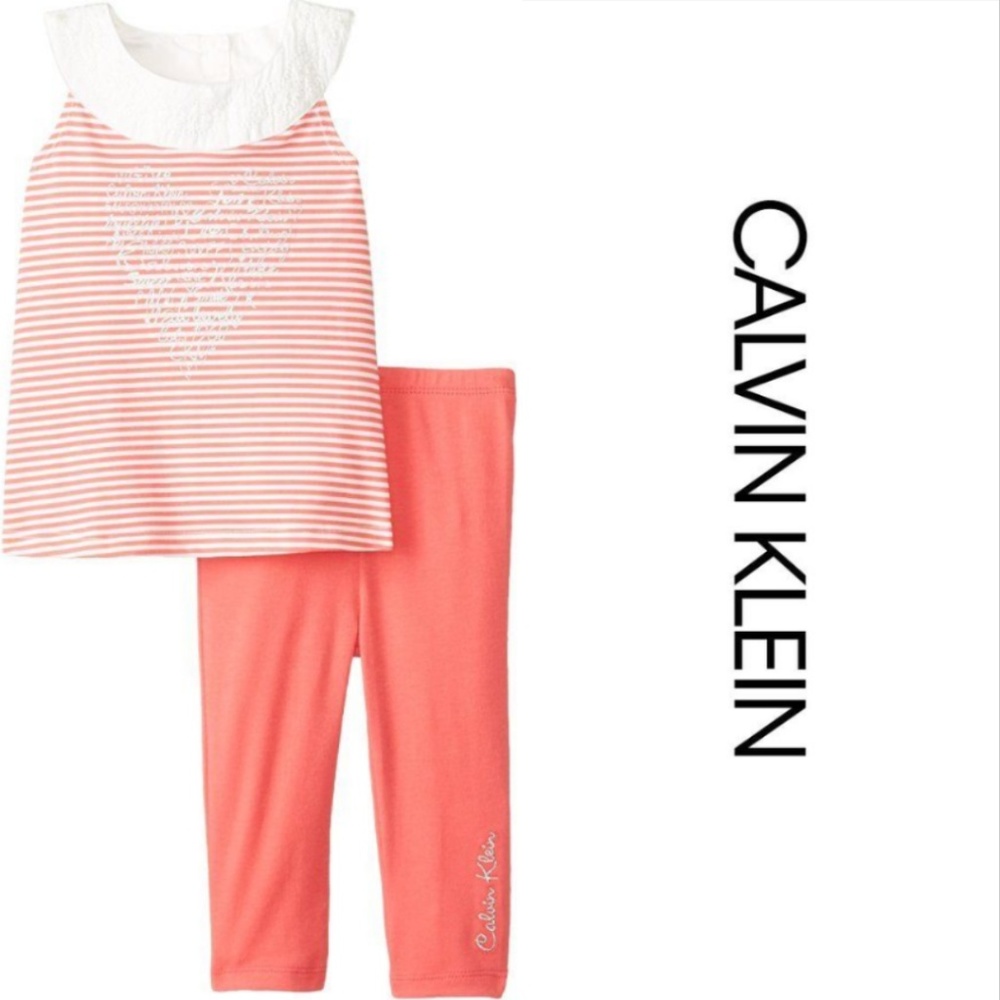 Calvin Klein Baby‎ Girl 3-6 Mo Heart Tunic Top Legging Set Coral Outfit